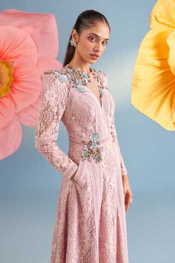 Buy_Parul And Preyanka_Pink Crepe, Net, Lace Sequins, Fabric Flowers V-neck Nina Dusty Dress _Online_at_Aza_Fashions