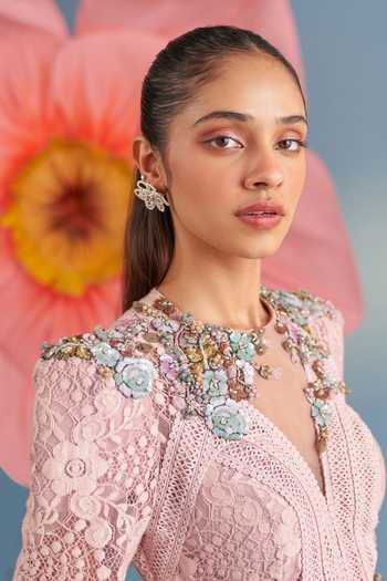 Shop_Parul And Preyanka_Pink Crepe, Net, Lace Sequins, Fabric Flowers V-neck Nina Dusty Dress _Online_at_Aza_Fashions
