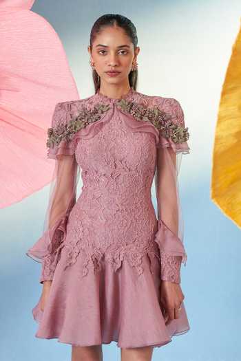 Parul And Preyanka_Pink Crepe, Net, Lace Applique, Fabric Flowers High Neck Dusty Rose Portia Dress _Online_at_Aza_Fashions