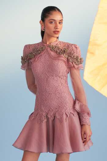 Buy_Parul And Preyanka_Pink Crepe, Net, Lace Applique, Fabric Flowers High Neck Dusty Rose Portia Dress _Online_at_Aza_Fashions