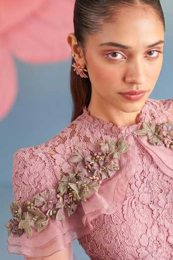 Shop_Parul And Preyanka_Pink Crepe, Net, Lace Applique, Fabric Flowers High Neck Dusty Rose Portia Dress _Online_at_Aza_Fashions