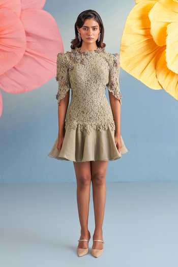 Buy_Parul And Preyanka_Beige Crepe, Net, Lace Applique, Fabric Flowers High Neck Almond Portia Dress _Online_at_Aza_Fashions
