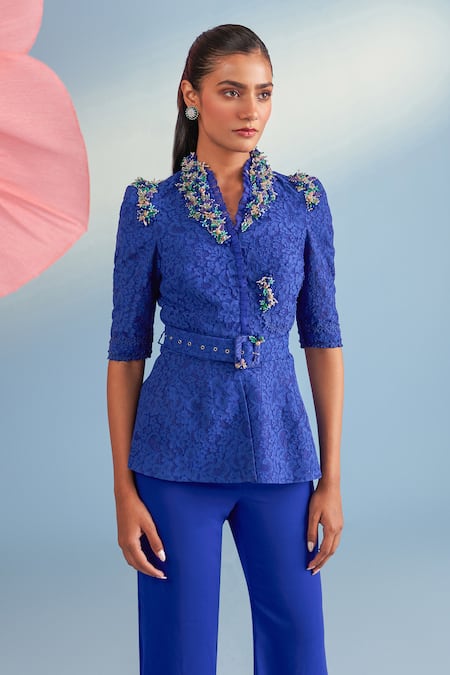 Parul And Preyanka_Blue Crepe, Lace Pearls, Crystals, Fabric Flowers Serena Jacket And Pant Set _Online_at_Aza_Fashions