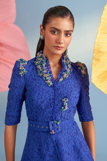 Buy_Parul And Preyanka_Blue Crepe, Lace Pearls, Crystals, Fabric Flowers Serena Jacket And Pant Set _Online_at_Aza_Fashions