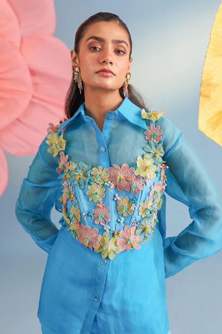 Parul And Preyanka_Blue , , Satin, Fabric Delilah Shirt And Bolero Set _Online_at_Aza_Fashions