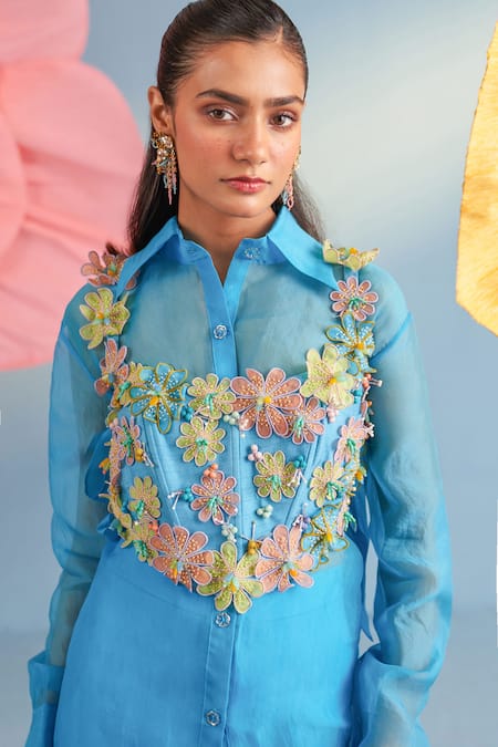 Buy_Parul And Preyanka_Blue , , Satin, Fabric Delilah Shirt And Bolero Set _Online_at_Aza_Fashions