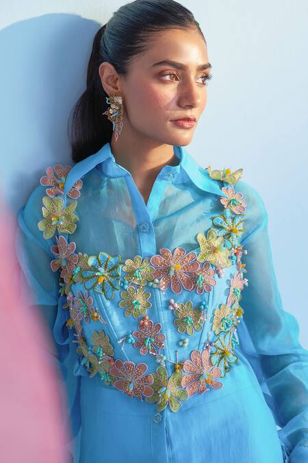 Shop_Parul And Preyanka_Blue , , Satin, Fabric Delilah Shirt And Bolero Set _Online_at_Aza_Fashions