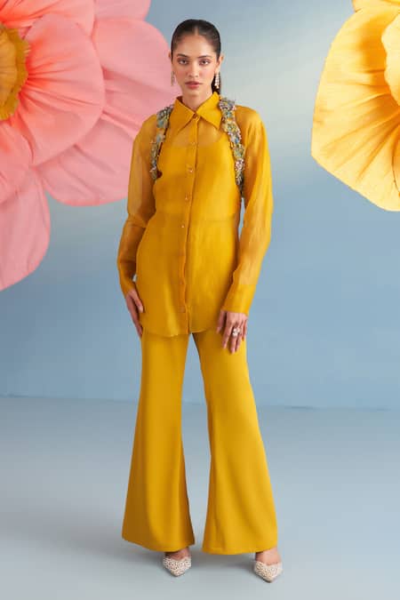 Buy_Parul And Preyanka_Mustard , Organza, Satin, Organza, Noa Shirt And Embroidered Bolero Set _Online_at_Aza_Fashions