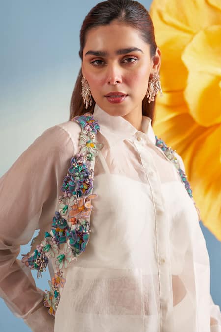 Parul And Preyanka_Ivory Silk Organza, Satin Fabric Flowers Olivia Shirt And Embroidered Bolero Set _Online_at_Aza_Fashions