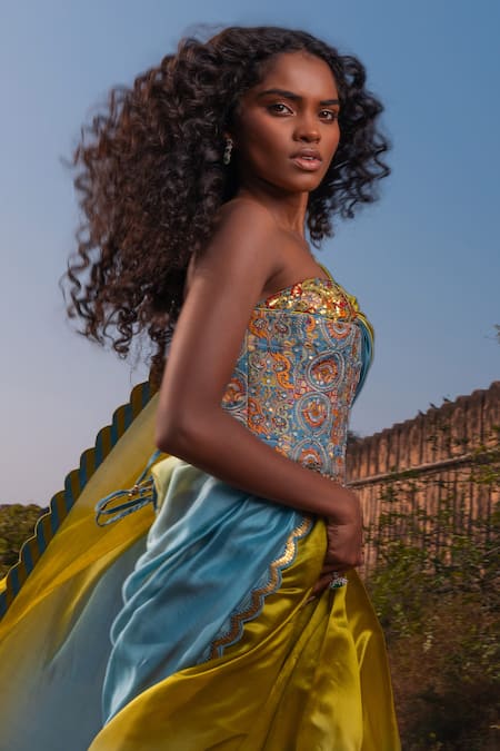 Punit Balana Blue , Satin, Organza Sweetheart Neck Ombre Saree With Corset Online at Aza Fashions Punit Balana_Blue , Satin, Organza Sweetheart Neck Ombre Saree With Corset _Online_at_Aza_Fashions