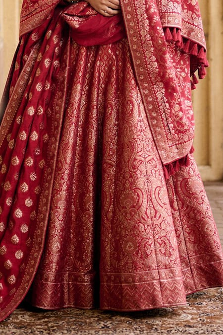 Shop_Safaa_Red Vegan Silk Zari High Neck Subhanallah Work Bridal Lehenga Set _Online_at_Aza_Fashions