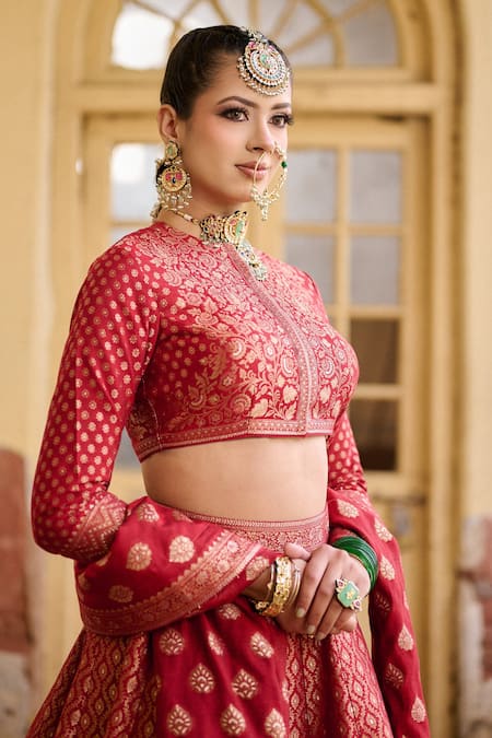 Safaa_Red Vegan Silk Zari High Neck Subhanallah Work Bridal Lehenga Set _at_Aza_Fashions