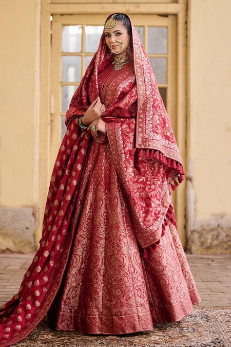 Shop_Safaa_Red Vegan Silk Zari High Neck Subhanallah Work Bridal Lehenga Set 