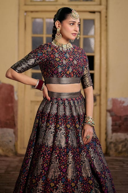 Safaa_Black Silk Zari High Neck Dua-e-khair Kani Paisley Pattern Lehenga Set _Online_at_Aza_Fashions