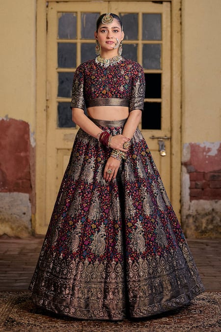 Buy_Safaa_Black Silk Zari High Neck Dua-e-khair Kani Paisley Pattern Lehenga Set _Online_at_Aza_Fashions