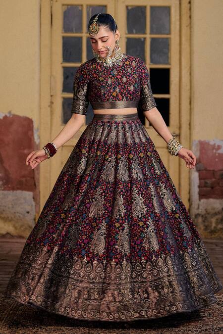 Safaa_Black Silk Zari High Neck Dua-e-khair Kani Paisley Pattern Lehenga Set _at_Aza_Fashions