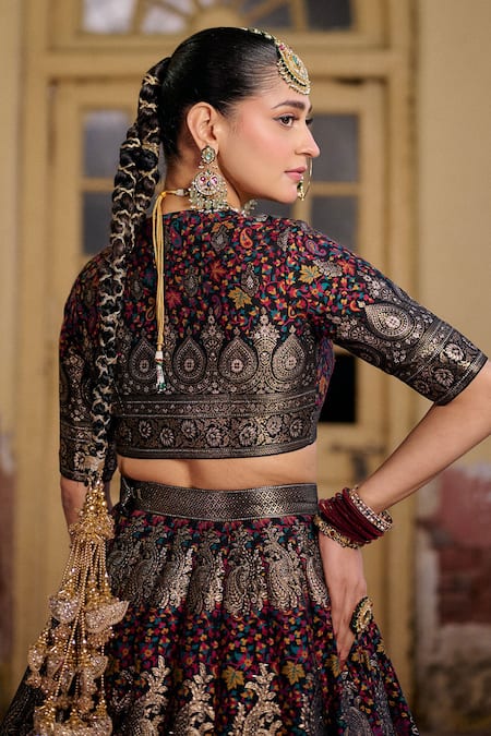 Shop_Safaa_Black Silk Zari High Neck Dua-e-khair Kani Paisley Pattern Lehenga Set 