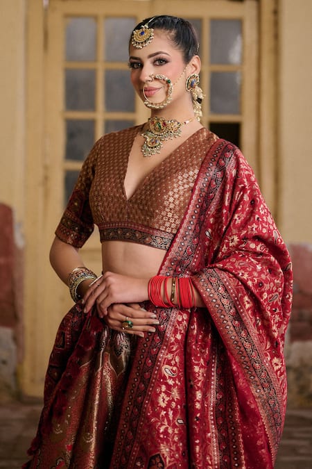 Shop Safaa Red Silk Zari V-neck Shiddhat Kani Paisley Pattern Lehenga Set Online at Aza Fashions Shop_Safaa_Red Silk Zari V-neck Shiddhat Kani Paisley Pattern Lehenga Set _Online_at_Aza_Fashions