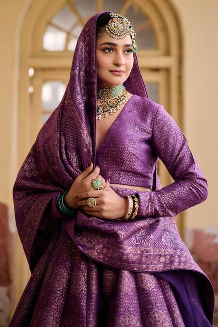 Safaa_Purple Vegan Silk V-neck Zehnaseeb Bandhani Pattern Lehenga Set _at_Aza_Fashions