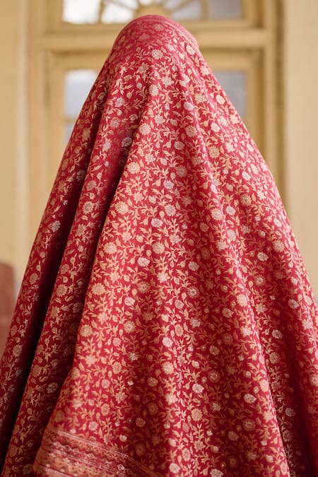 Shop Safaa Red Vegan Silk Zari, Gota Patti Deep Neck Be Shumaar Woven Lehenga Set Online at Aza Fashions Shop_Safaa_Red Vegan Silk Zari, Gota Patti Deep Neck Be Shumaar Woven Lehenga Set _Online_at_Aza_Fashions