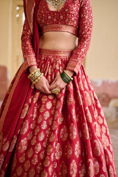 Safaa Red Vegan Silk Zari, Gota Patti Deep Neck Be Shumaar Woven Lehenga Set at Aza Fashions Safaa_Red Vegan Silk Zari, Gota Patti Deep Neck Be Shumaar Woven Lehenga Set _at_Aza_Fashions