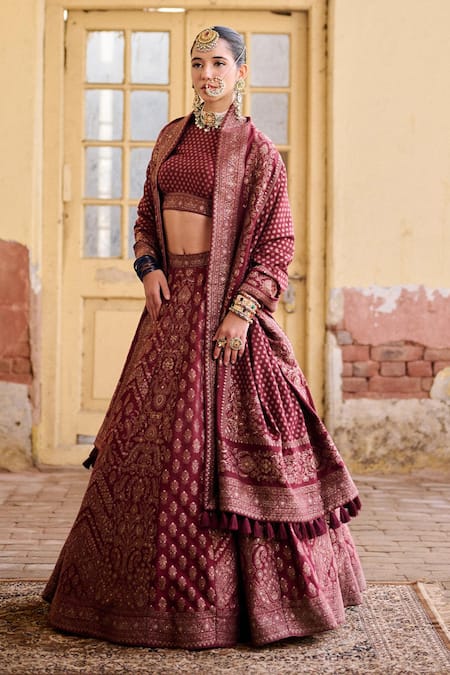 Safaa Maroon Vegan Silk Zari High Neck Saabah Woven Lehenga Blouse Set Online at Aza Fashions Safaa_Maroon Vegan Silk Zari High Neck Saabah Woven Lehenga Blouse Set _Online_at_Aza_Fashions