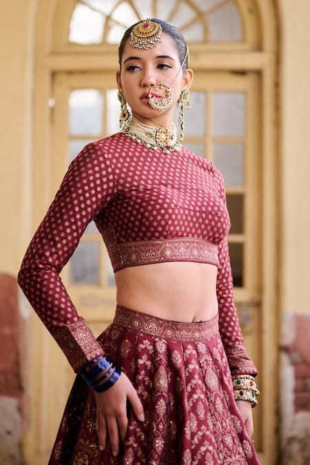 Safaa Maroon Vegan Silk Zari High Neck Saabah Woven Lehenga Blouse Set at Aza Fashions Safaa_Maroon Vegan Silk Zari High Neck Saabah Woven Lehenga Blouse Set _at_Aza_Fashions