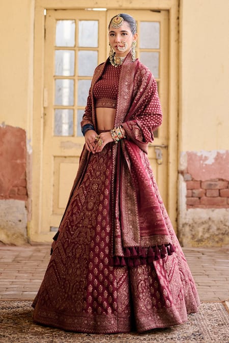 Shop Safaa Maroon Vegan Silk Zari High Neck Saabah Woven Lehenga Blouse Set Shop_Safaa_Maroon Vegan Silk Zari High Neck Saabah Woven Lehenga Blouse Set