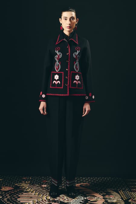 Shop_Shimona_Black Embroidery, Beads Collared Noire Jacket _Online_at_Aza_Fashions