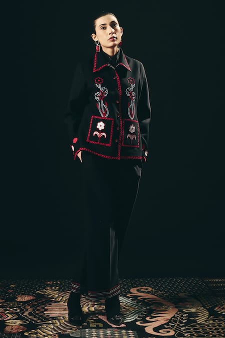 Shimona_Black Embroidery, Beads Collared Noire Jacket _at_Aza_Fashions