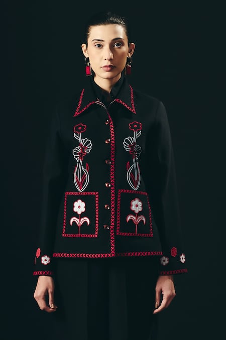 Buy_Shimona_Black Embroidery Collared Noire Jacket And Pant Set _Online_at_Aza_Fashions