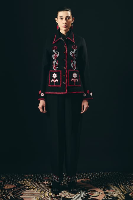 Shop_Shimona_Black Embroidery Collared Noire Jacket And Pant Set _Online_at_Aza_Fashions