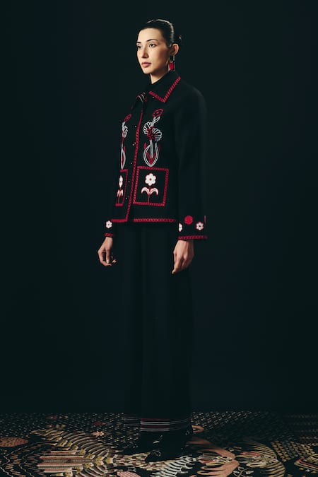 Shimona_Black Embroidery Collared Noire Jacket And Pant Set _at_Aza_Fashions