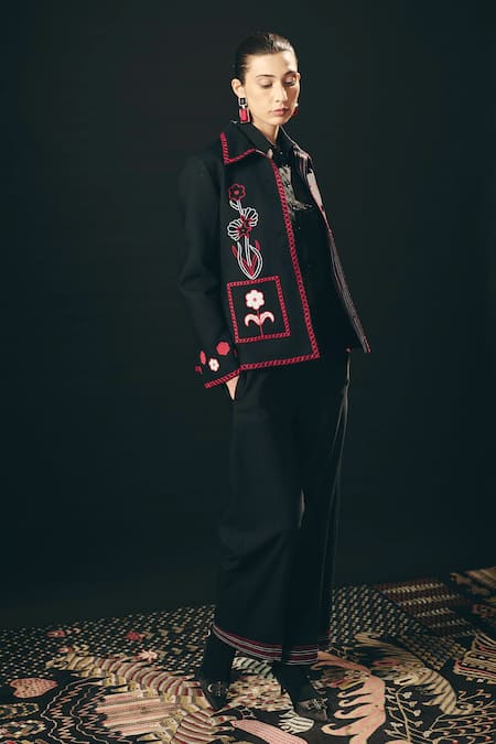 Shop_Shimona_Black Embroidery Collared Noire Jacket And Pant Set 