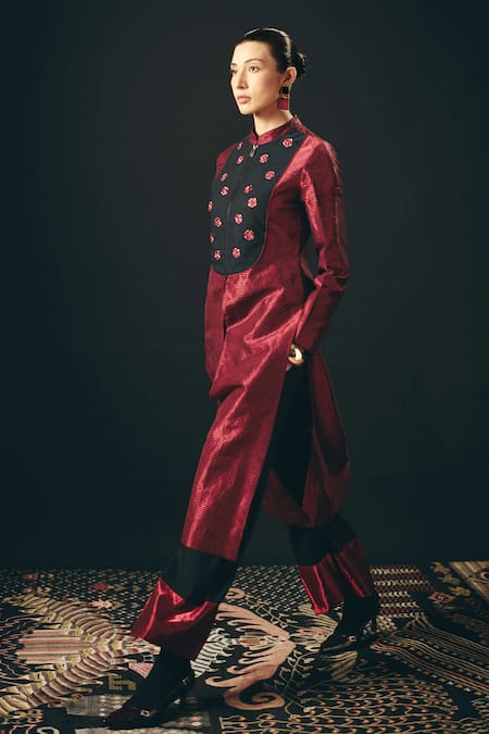 Buy_Shimona_Black Silk, Tissue Embroidery, Zari Mandarin Collar Rouge Long Tunic And Pant Set _Online_at_Aza_Fashions