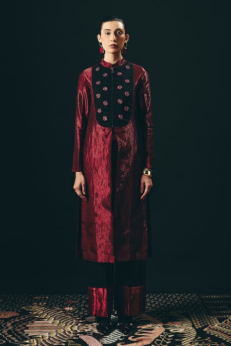 Shop_Shimona_Black Silk, Tissue Embroidery, Zari Mandarin Collar Rouge Long Tunic And Pant Set _Online_at_Aza_Fashions