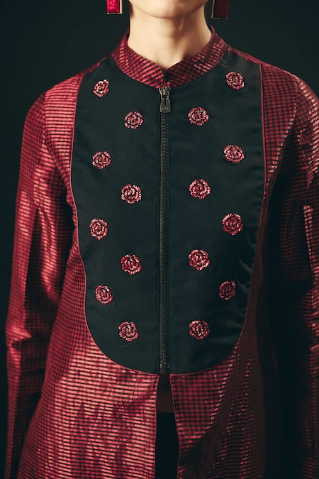 Buy_Shimona_Black Silk, Tissue Embroidery, Zari Mandarin Collar Rouge Long Tunic And Pant Set 