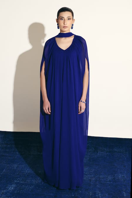 Shop Shimona Blue Silk, Chiffon Keyhole Neck Draped Gown Online at Aza Fashions Shop_Shimona_Blue Silk, Chiffon Keyhole Neck Draped Gown _Online_at_Aza_Fashions