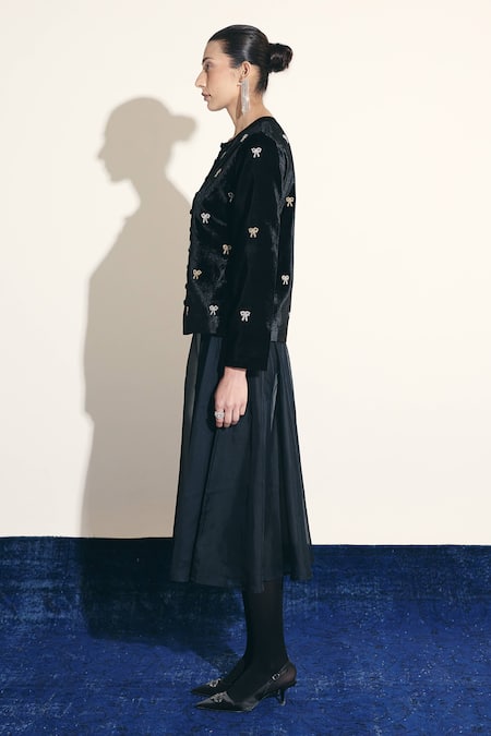 Shimona_Black Silk, Velvet Embroidery Round Neck Bow Jacket _Online_at_Aza_Fashions