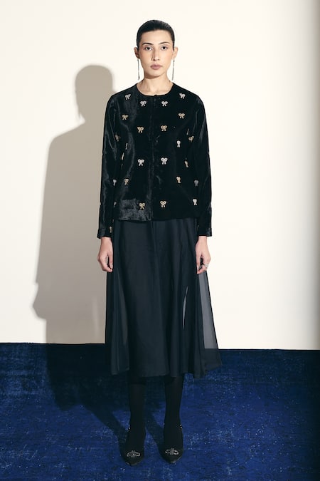 Shop_Shimona_Black Silk, Velvet Embroidery Round Neck Bow Jacket _Online_at_Aza_Fashions