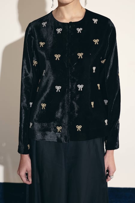 Shimona_Black Silk, Velvet Embroidery Round Neck Bow Jacket _at_Aza_Fashions