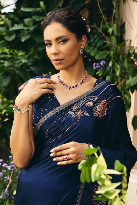 Shreeka_Blue Georgette, Satin Embroidery, Sequins, Beads, Saree And Cutwork Blouse Set _Online_at_Aza_Fashions