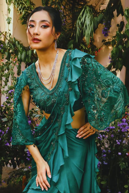 Shop Shreeka Emerald Green Organza, Georgette Ruffle Pre-draped Saree And Blouse Set Online at Aza Fashions Shop_Shreeka_Emerald Green Organza, Georgette Ruffle Pre-draped Saree And Blouse Set _Online_at_Aza_Fashions
