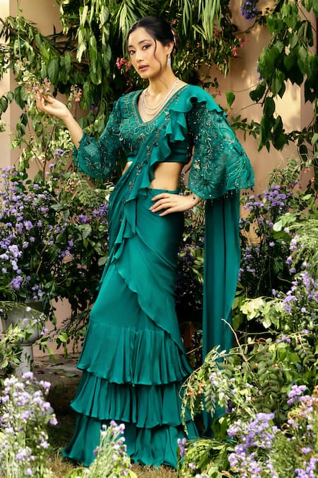 Shreeka Ruffle Pre-Draped Saree & Embroidered Blouse Set 