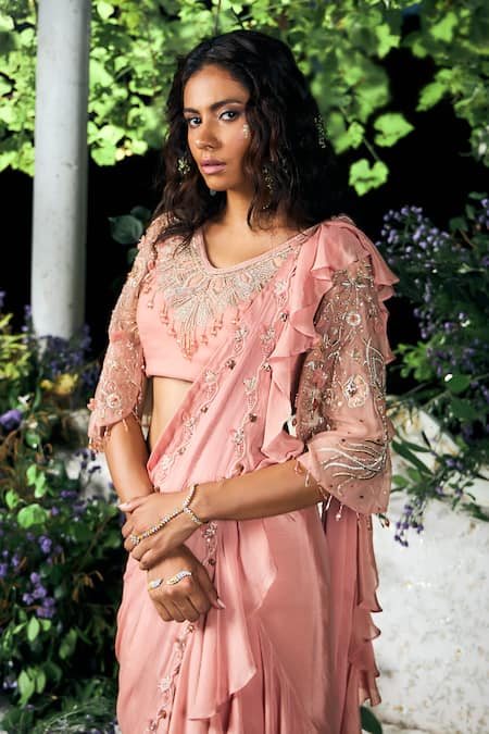 Shreeka_Pink Organza, Chiffon, Chinon Sequins, Pre-draped Saree And Embroidered Blouse Set _Online_at_Aza_Fashions