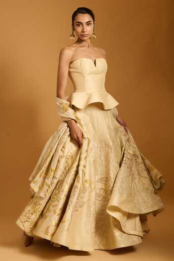 Buy_Siddartha Tytler_Gold Chanderi, Dupion Zari, Peplum Panelled Lehenga With Matching Dupatta Set _Online_at_Aza_Fashions