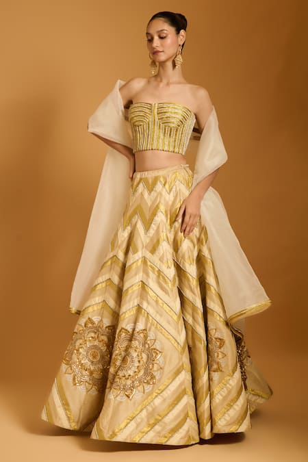 Siddartha Tytler_Beige Taffeta, Silk Organza Zari, Stones, Crystals, Chevron Pattern Lehenga Set _Online_at_Aza_Fashions