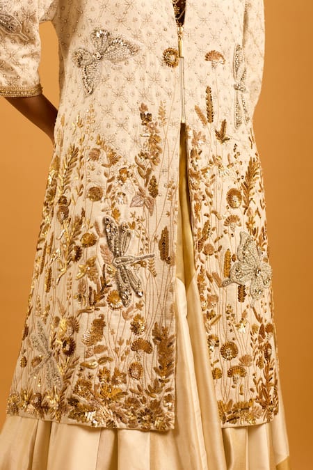 Siddartha Tytler_Gold Taffeta Colorblock Lehenga _Online_at_Aza_Fashions