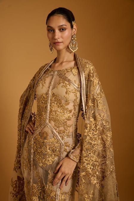 Buy_Siddartha Tytler_Gold Net Zari, Crystals Boat Neck, Yes Embroidered Kurta Set _Online_at_Aza_Fashions