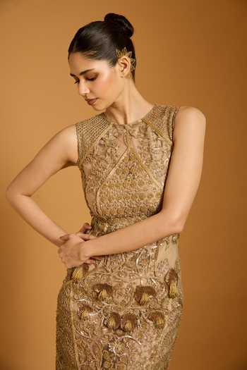 Buy_Siddartha Tytler_Gold Net Embroidery, Sequins, Zari, Tassels Keyhole Neck Panelled Sheer Dress _Online_at_Aza_Fashions